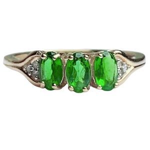 10k Solid Yellow Gold Three Stone Green Chrome Diopside Oval Diamond Ring Sz 6